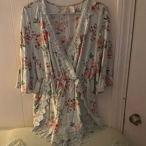 Divided Floral Lace Trim Romper - Light Blue and Pink